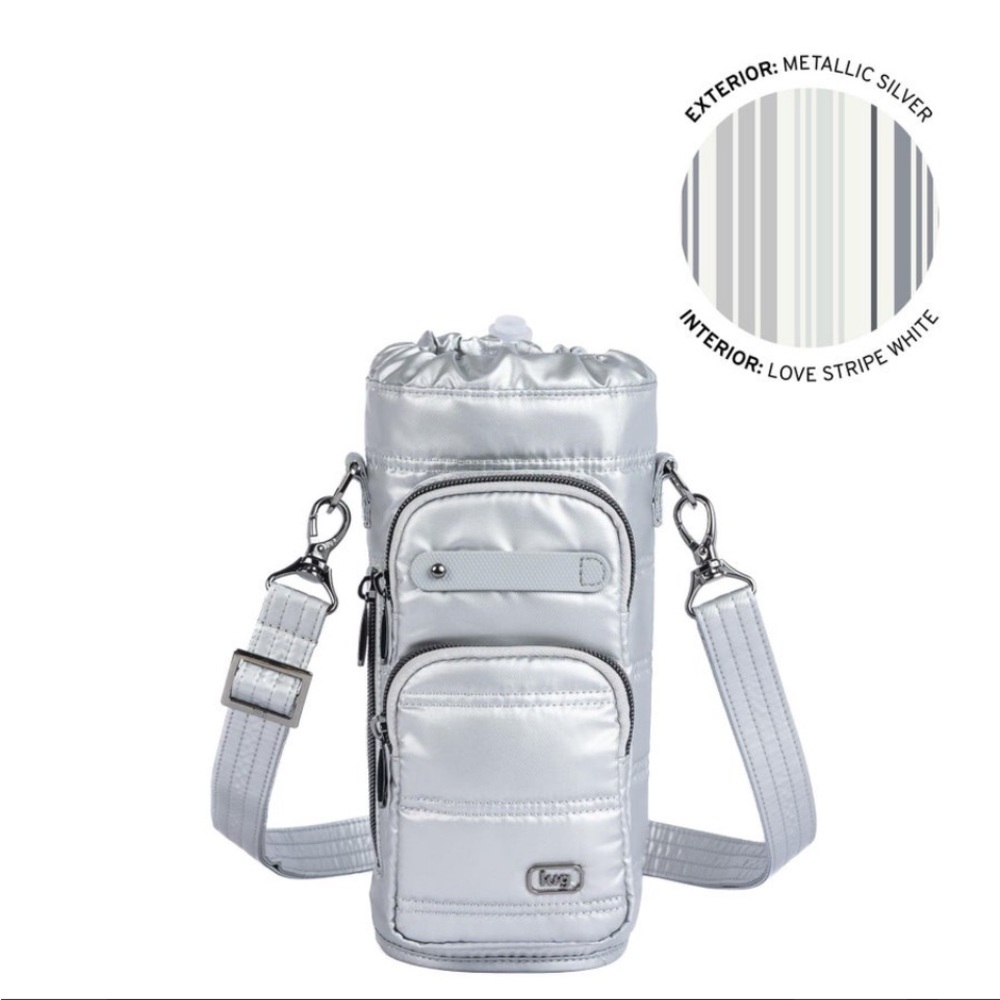 LUG Huggie Wide Crossbody Water Bottle Holder with Charm Bar Metallic Silver